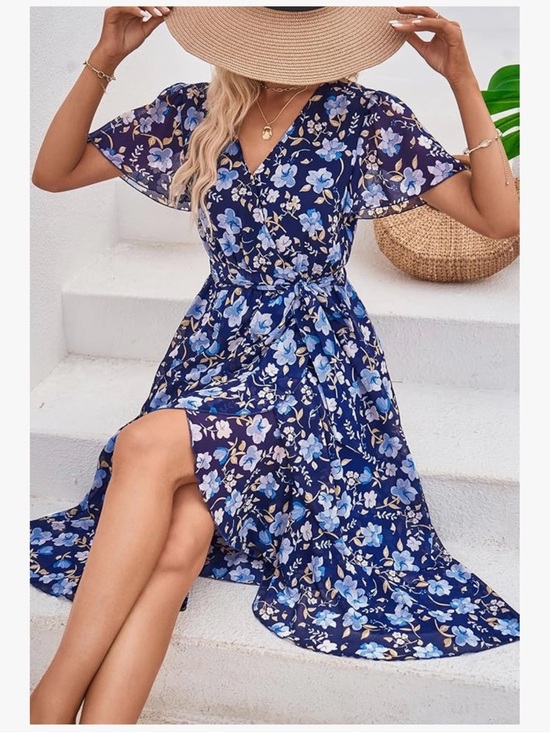 PrettyGarden Dresses & Skirts - Blue Floral Wrap Midi Dress with Self-Tie Waist